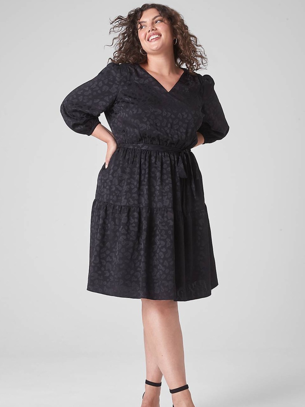 NEW Lane Bryant 3/4 Sleeve V-Neck Jacquard Lined Dress, Pockets, Black Sz 14